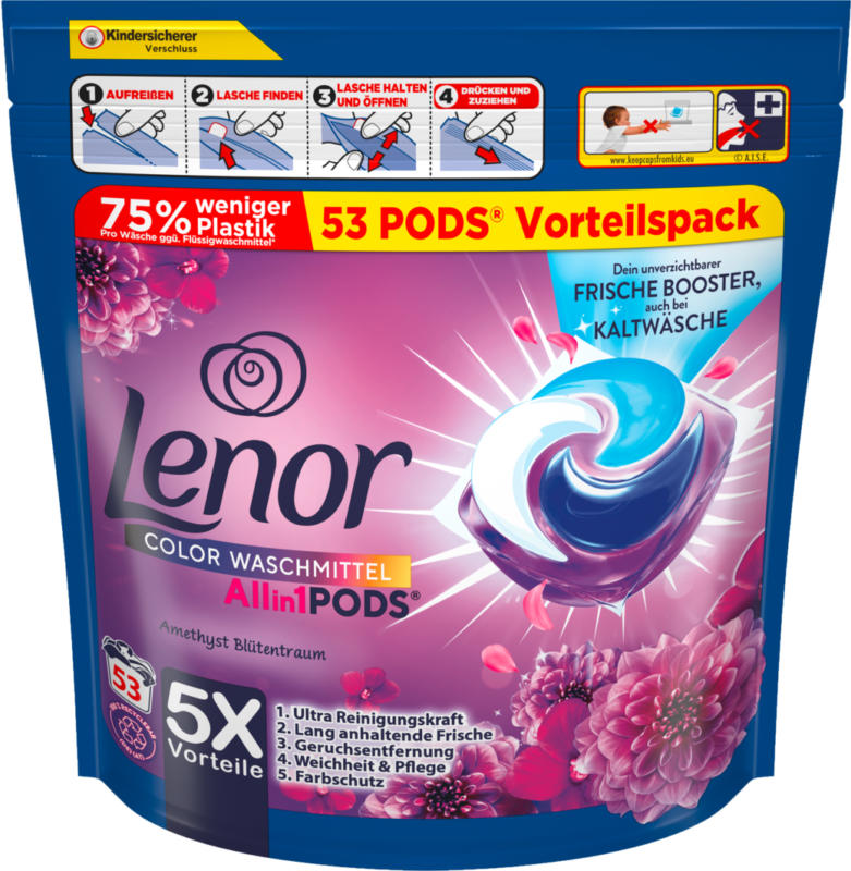 Lenor Waschmittel All in 1 Pods Color Amethyst Blütentraum, 53 pezzi