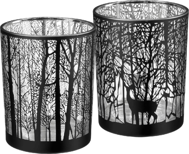 Dekorieren & Einrichten Kerzenglas, Wald mit Tieren, schwarz-silber