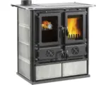 Hornbach Dauerbrandofen Nordica Extraflame Rosetta granit Bauckraum links mit Stahlplatten-Kochfeld