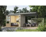 Hornbach Gartenhaus Karibu Metalwood Blech staubgrau inkl. Anbaudach 441 x 213 cm wassergrau