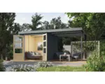 Hornbach Gartenhaus Karibu Metalwood Blech staubgrau inkl. Anbaudach 441 x 213 cm anthrazit