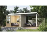 Hornbach Gartenhaus Karibu Metalwood Blech weiß inkl. Anbaudach 441 x 213 cm wassergrau