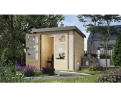 Gartenhaus Karibu Metalwood Blech staubgrau 209 x 213 cm natur