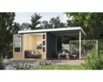 Hornbach Gartenhaus Karibu Metalwood Blech weiß inkl. Anbaudach 441 x 213 cm anthrazit