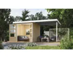 Hornbach Gartenhaus Karibu Metalwood Blech weiß inkl. Anbaudach 441 x 213 cm natur