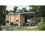 Hornbach Gartenhaus Karibu Metalwood Blech staubgrau inkl. Anbaudach 441 x 213 cm natur