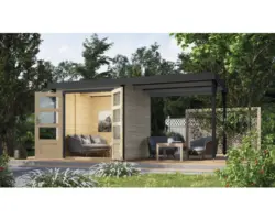 Gartenhaus Karibu Metalwood Blech anthrazit inkl. Anbau 441 x 213 cm wassergrau