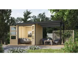 Gartenhaus Karibu Metalwood Blech anthrazit inkl. Anbaudach 441 x 213 cm natur