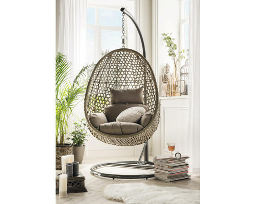 Hängesessel Destiny Cocoon de Luxe Polyrattan beigegrau inkl. Alu Gestell und Polster