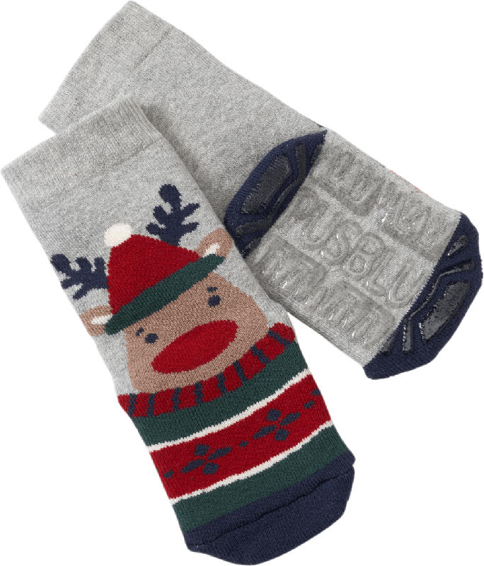 PUSBLU Stoppersocken mit weihnachtlichem Tier-Motiv, blau & rot, Gr. 21/22