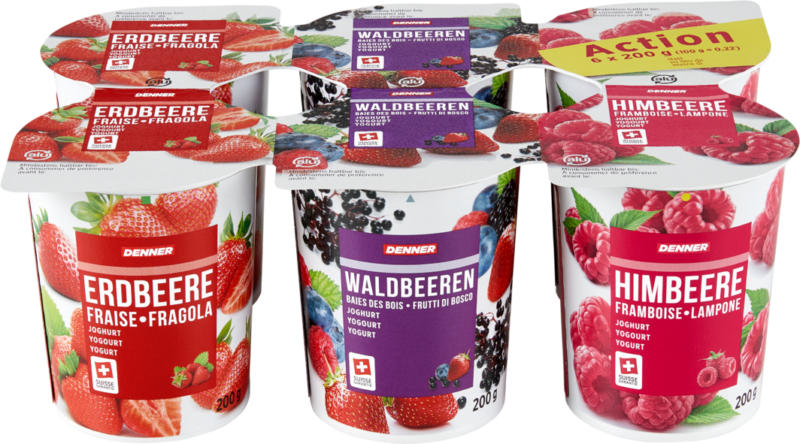 Denner Joghurt, assortiert: Erdbeere, Waldbeeren, Himbeere, 6 x 200 g