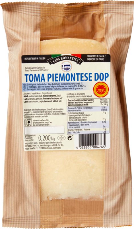 Fromage à pâte mi-dure Toma Piemontese DOP Casa Romantica , 200 g
