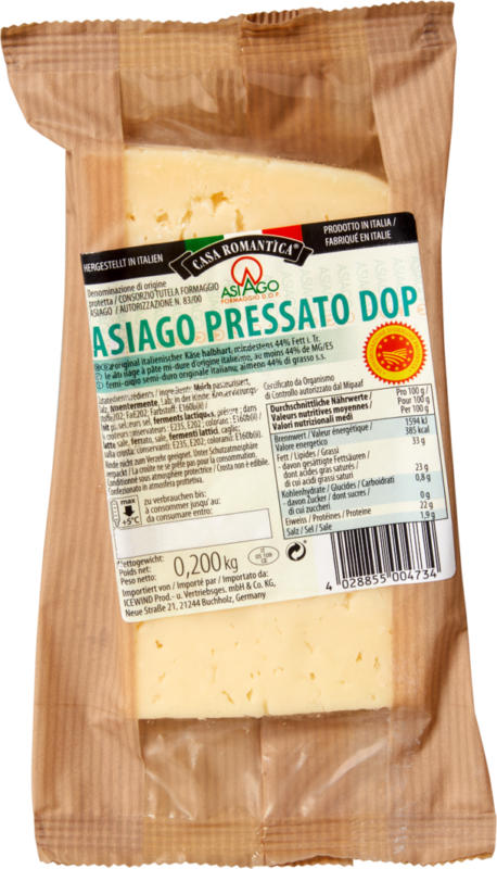 Formaggio a pasta semidura Asiago Pressato DOP Casa Romantica, 200 g