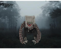 Dekofigur Halloween sitzernder Wolf 60x46x76 cm grau-rot animiert mit Soundeffekt