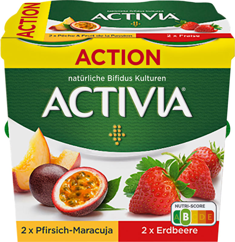 Danone Activia Joghurt, 2 x Pfirsich & Maracuja, 2 x Erdbeere, probiotisch, 4 x 115 g