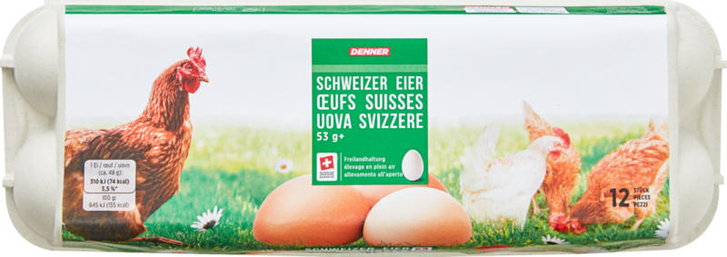 Œufs suisses Denner, Élevage en plein air, 12 x 53 g+