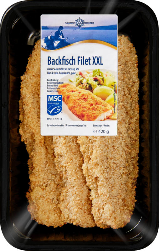 Filet de poisson frit XXL Gourmet Fisheries, Colin d’Alaska pané, 420 g