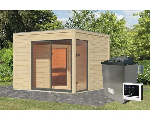 Saunahaus Karibu Termingo 1 B inkl. 9kW Ofen u.ext. Steuerung mit Vorraum und Holztür mit Isolierglas wärmegedämmt