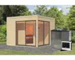 Hornbach Saunahaus Karibu Termingo 3 B inkl. 9kW Bio Ofen u.ext. Steuerung mit Vorraum und Holztür mit Isolierglas wärmegedämmt