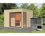 Hornbach Saunahaus Karibu Termingo 1 B inkl. 9kW Bio Ofen u.ext. Steuerung mit Vorraum und Holztür mit Isolierglas wärmegedämmt