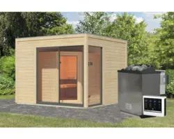 Saunahaus Karibu Termingo 1 B inkl. 9kW Bio Ofen u.ext. Steuerung mit Vorraum und Holztür mit Isolierglas wärmegedämmt