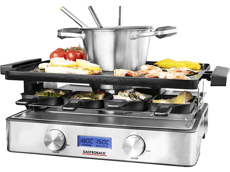 Gastroback 2in1 Advanced Plus Raclette & Fondue (in Edelstahl, Schwarz, für 1-9 Personen, 2200 Watt)