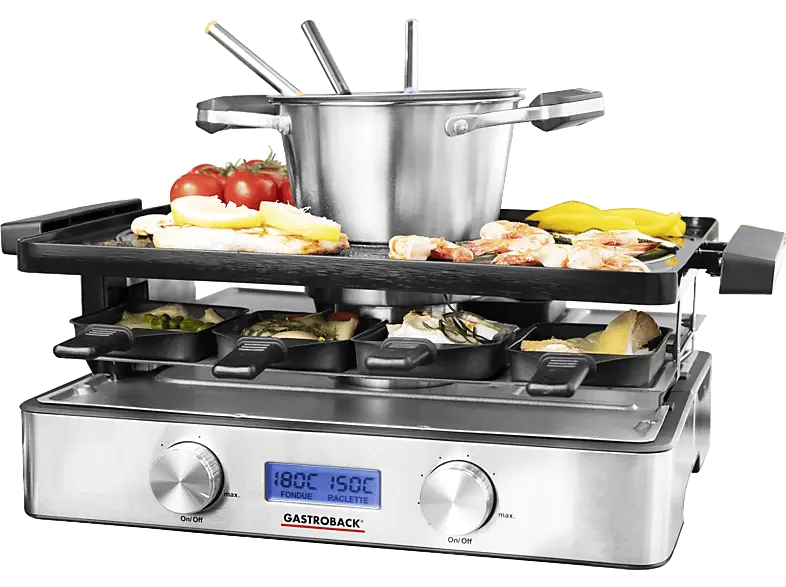 Gastroback 2in1 Advanced Plus Raclette & Fondue (in Edelstahl, Schwarz, für 1-9 Personen, 2200 Watt)
