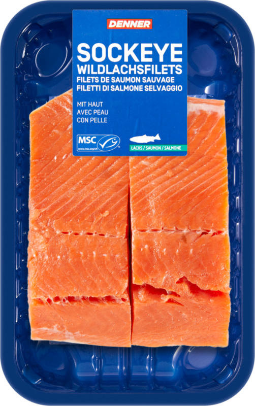 Filetti di salmone selvaggio Sockeye Denner, con pelle, Pacifico nord-orientale, ca. 300 g, per 100 g