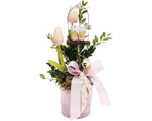 Osterdeko Frühlingsdeko Keramiktopf mit Tulpen creme-rosa