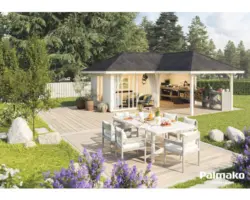 Gartenhaus Palmako Bianca 24,9 m² Set 3 inkl. seitl. Anbau 588 x 588 cm natur