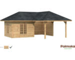 Hornbach Gartenhaus Palmako Bianca 24,9 m² Set 5 inkl. seitl. Anbau 588 x 588 cm braun tauchgrundiert