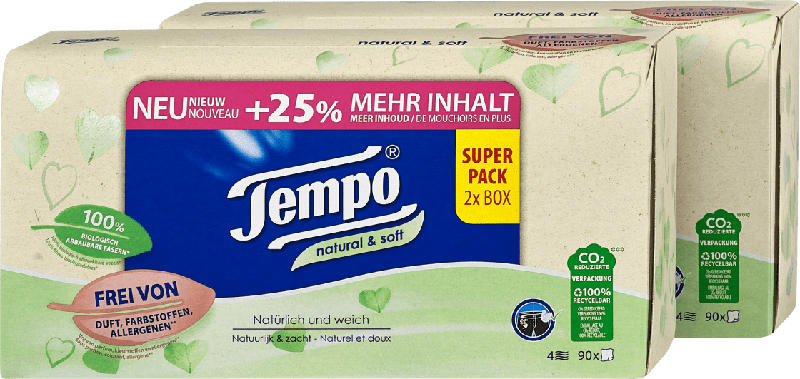 Tempo Taschentücher Natural & Soft Duo Box 4-lagig (2x90 Blatt)