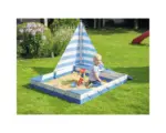 Hornbach Sandkasten dobar Maritim mit Segel 138,5 x 124 x 115,5 cm Holz blau weiß viereckig zwei abdeckbare Spielzeugkiste langlebig wetterfest