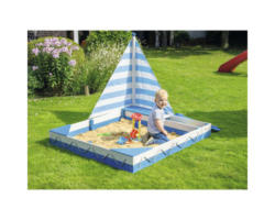 Sandkasten dobar Maritim mit Segel 138,5 x 124 x 115,5 cm Holz blau weiß viereckig zwei abdeckbare Spielzeugkiste langlebig wetterfest