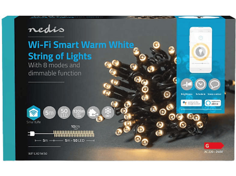 Nedis SmartLife WLAN LED Lichterkette, 5m, 50 LED's, Warmweiß; LED-Lichterkette