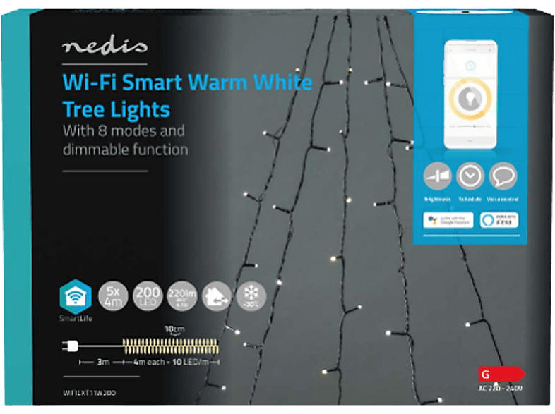 Nedis SmartLife WLAN LED Lichterkette, Baum, 5x 4m, 200 LED's, Warmweiß; LED-Lichterkette