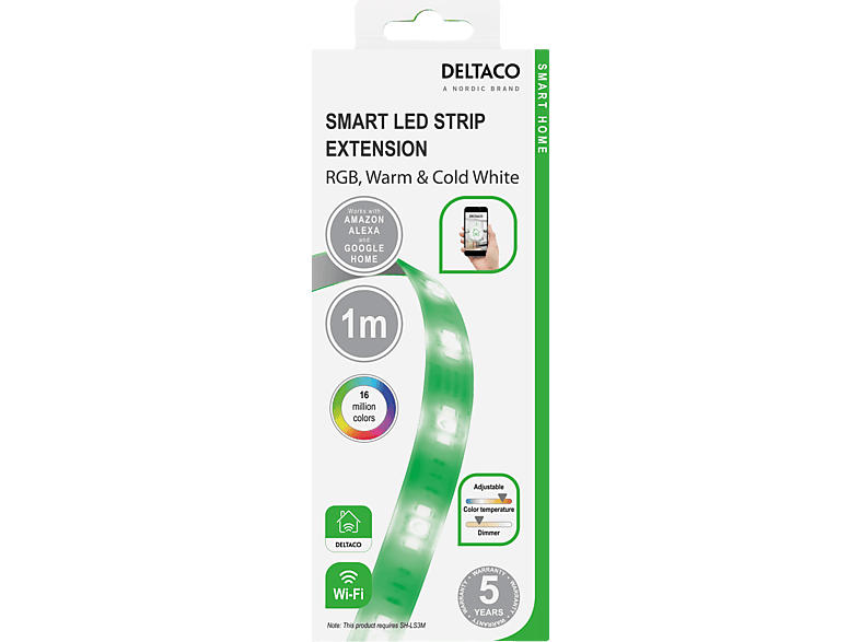 DELTACO Smarte LED-Streifenverlängerung SH-LSEX1M, 1m, dimmbar, 24W, RGB; LED Streifen