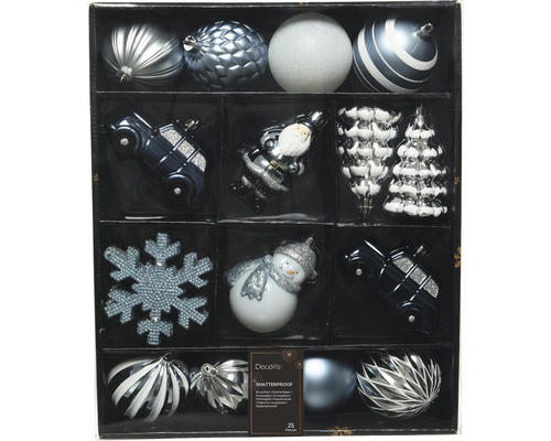 25er Pack Weihnachtkugeln und Figuren aus Kunststoff blau silber weiß