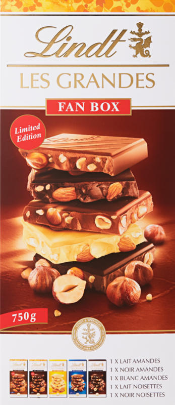 Lindt Les Grandes Tafelschokolade, Fan Box, assortiert, Limited Edition, 5 x 150 g