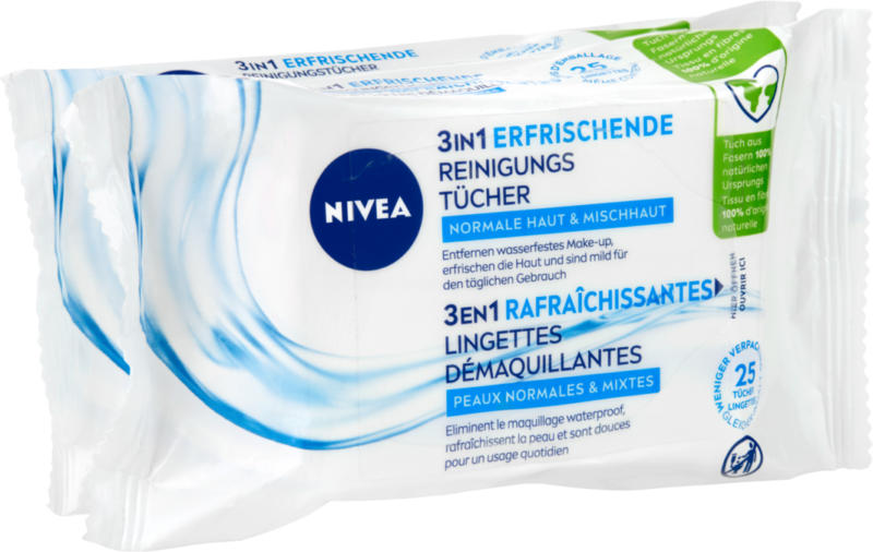 Salviettine detergenti rinfrescanti 3 in 1 Nivea, 2 x 25 lingettes
