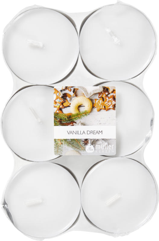 Bougies à réchaud maxi au parfum de Noël Vanilla Dream Müller Kerzen, crème, 6 pièces