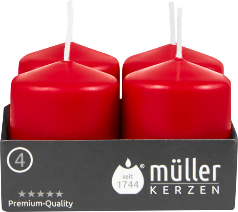 Müller Kerzen Stumpenkerzen glatt, rubinrot, 48 x 62 mm, 4 Stück