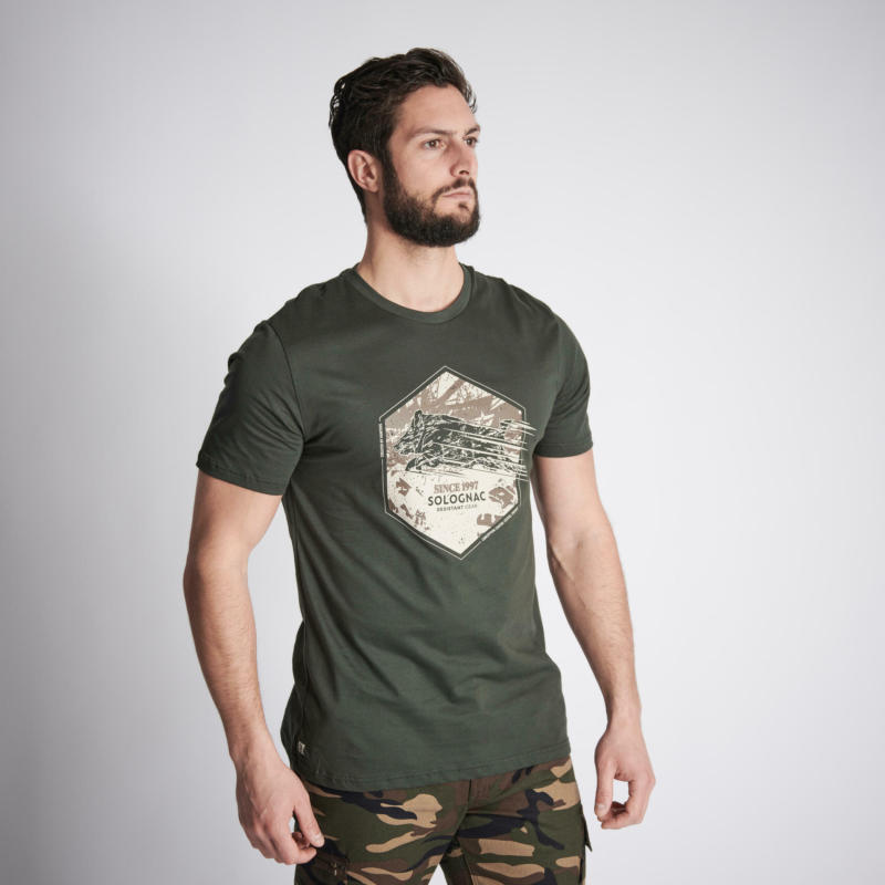 Мъжка памучна тениска с къс ръкав за лов 100, зелена, с щампа "елен"