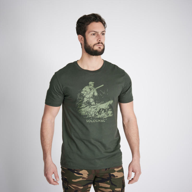 Мъжка памучна тениска с къс ръкав за лов 100, зелена, с щампа "куче на стойка"