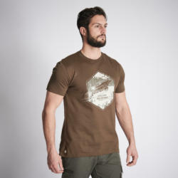 Мъжка памучна тениска с къс ръкав за лов 100, кафява, с щампа "елен"