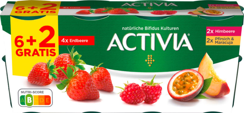 Yogurt Activia Danone, assortiert: Erdbeere, Himbeere, Pfirsich & Maracuja, probiotisch, 8 x 115 g