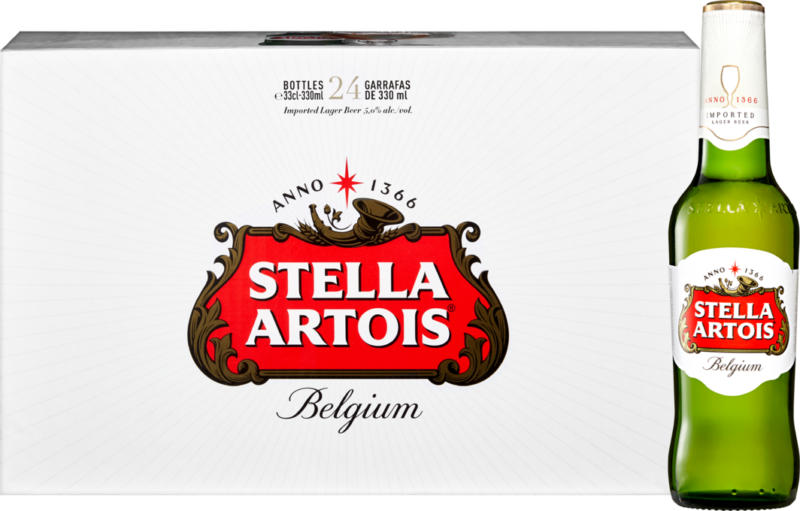 Bière lager Stella Artois, 24 x 33 cl