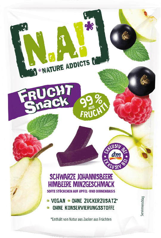 N.A! Fruchtsnack, Schwarze Johannisbeere Himbeere Minzgeschmack, softe Stückchen auf Apfel- & Birnenbasis