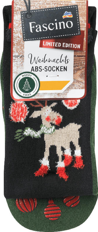 Fascino ABS Socken XMAS mit Rentier-Motiv, schwarz & grün, Gr. 35-38