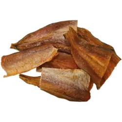 Snack aus Blauer Wittling (Micromesistius poutassou) mit Chili, in Stücken mit Haut, gesalzen und gedörrt, aufgetaut / lose